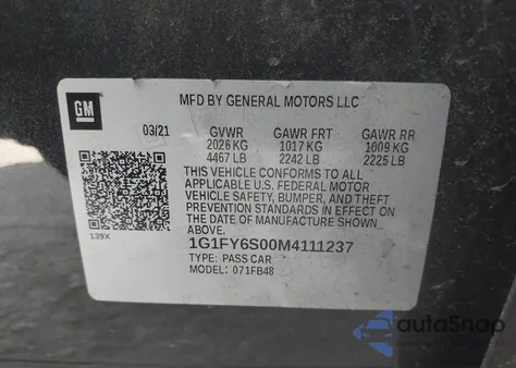 2021 Chevrolet Bolt Ev Fwd Lt из США, поврежденный, VIN 1G1FY6S00M4111237